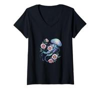 Mujer Coloridas Medusas y Flores Silvestres Océano Marino Vida Sil Camiseta Cuello V