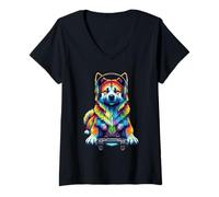 Mujer Colorido Akita Video Game Gamer Dog Zoo Design Camiseta Cuello V