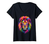 Mujer Colorido Arco Iris León Cara Retrato Majestuoso Animal Camiseta Cuello V