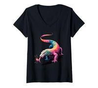 Mujer Colorido Arte de Salpicaduras de Pintura Estilo póster de dragón de Komodo Camiseta Cuello V