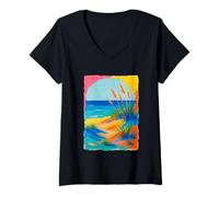Mujer Colorido Atardecer Playa Océano Horizonte Arte Vibrante Camiseta Cuello V