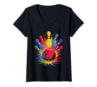 Mujer Colorido Bolos Día del Juego Bolos Lindo Colorsplash Ball Camiseta Cuello V