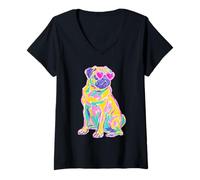Mujer Colorido Carlino con Gafas de Sol de corazón Coastal Summer Vibes Camiseta Cuello V