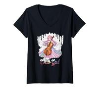 Mujer Colorido Cello Chica Anime Amante de la Música Camiseta Cuello V
