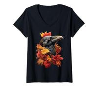 Mujer Colorido Cuervo con Hojas De Otoño Flores Otoño Animal Camiseta Cuello V