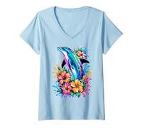 Mujer Colorido Delfín Tropical Hibisco Pop Art Color Splash Camiseta Cuello V