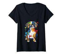 Mujer Colorido diseño Abstracto del Perro del Arte de la Salpicadura del Perro Camiseta Cuello V