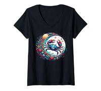 Mujer Colorido diseño del Zodiaco Cangrejo con Flores y Estrellas Camiseta Cuello V