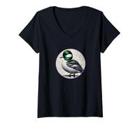 Mujer Colorido diseño retro de pájaros de cabeza de búho Camiseta Cuello V