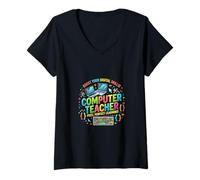 Mujer Colorido Educador Computadora Diseño de Apren Camiseta Cuello V