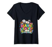 Mujer Colorido Educador de Lectura Diseño de Inspiración Literaria Camiseta Cuello V