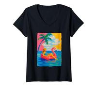 Mujer Colorido Flamingo Flotador Tropical Beach Girl Coastal Summer Camiseta Cuello V