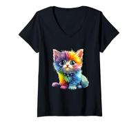 Mujer Colorido gato arco iris - Diseño divertido para los amantes de los gatos Camiseta Cuello V