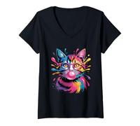 Mujer Colorido Gato Rosa Gafas Bubblegum Paint Splash Art Camiseta Cuello V