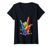 Mujer Colorido I Love You Signos Lenguaje Puzzle Mano Autismo ASL Camiseta Cuello V