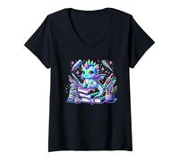 Mujer Colorido Kawaii Dragón Lectura Libros Fantasía Escuela Vibe Camiseta Cuello V