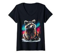 Mujer Colorido Mapache Aurora Boreal Animal del Bosque Invernal Camiseta Cuello V