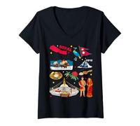 Mujer Colorido Nepal Mapa & Monumentos Culturales Ilustración Diseño Camiseta Cuello V