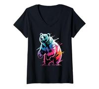 Mujer Colorido Oso Póster Estilo Pintura Salpicadura Arte Gráfico Splash Camiseta Cuello V