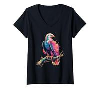 Mujer Colorido pájaro águila Estilo póster Pintura Salpicadura Arte gráfico Camiseta Cuello V