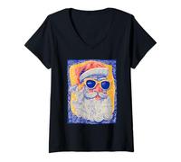 Mujer Colorido Papá Noel con Gafas de Sol Navidad Folk Art Camiseta Cuello V