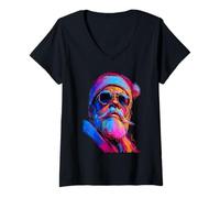 Mujer Colorido Papá Noel en Gafas de Sol Navidad Pinceladas Arte Camiseta Cuello V