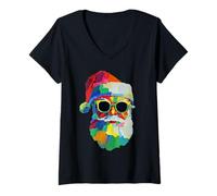 Mujer Colorido Papá Noel en Gafas de Sol Navidad Pinceladas Arte Camiseta Cuello V