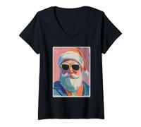 Mujer Colorido Papá Noel en Gafas de Sol Navidad Pinceladas Arte Camiseta Cuello V