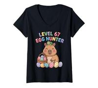 Mujer Colorido Pascua Capibara Nivel 67 Egg Hunter Cool Easter Camiseta Cuello V