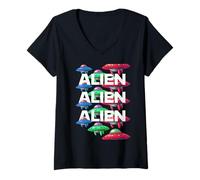 Mujer Colorido patrón OVNI Diseño Alien 3i Atlas Camiseta Cuello V