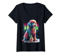 Mujer Colorido Perro Caniche con Aurora Boreal Bosque Invernal Camiseta Cuello V