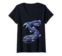 Mujer Colorido Pez Dragón Abstracto Océano Obra De Arte CRI Camiseta Cuello V