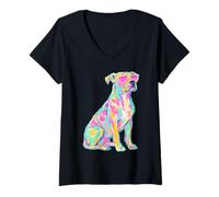 Mujer Colorido Pit Bull con Gafas de Sol de corazón Coastal Summer Vibes Camiseta Cuello V