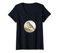 Mujer Colorido Retro Eurasian Blue Tit Design Camiseta Cuello V