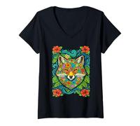 Mujer Colorido Zorro Tropical Hawaiano Floral Animal Verano Vibraciones Camiseta Cuello V