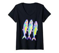 Mujer Coloridos Peces de sardinas con Vibraciones de Verano Pop Art Preppy Camiseta Cuello V