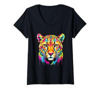 Mujer Colourful Cheetah Head in Vivid Shades Artistic Designed Camiseta Cuello V