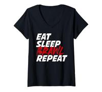Mujer Come Duerme Pelea Repite Humor Combate Retro Camiseta Cuello V