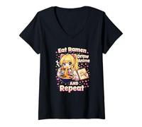 Mujer Come Ramen Dibuja Anime Y Repite | Linda Chica Manga Kawaii Camiseta Cuello V