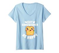 Mujer Come Sándwiches Y Sé Feliz - Amante De Los Sándwiches Camiseta Cuello V, Azul Bebé, M