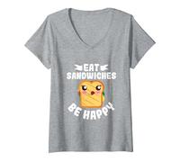 Mujer Come Sándwiches Y Sé Feliz - Amante De Los Sándwiches Camiseta Cuello V, Gris Jaspeado, XXL