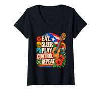 Mujer Come Sleep Play Cuatro Repite Música Puertorriqueña Camiseta Cuello V