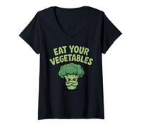 Mujer Come Tus Verduras Vegano Vegetariano Divertido Brócoli Dieta Camiseta Cuello V