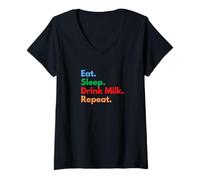 Mujer Comer Dormir Beber Leche Repetir para Amantes de la Leche y Bebedores Camiseta Cuello V