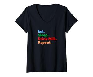 Mujer Comer Dormir Beber Leche Repetir para Amantes de la Leche y Bebedores Camiseta Cuello V
