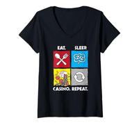Mujer Comer Dormir Casino Repetir Juego Fichas Poker Dados Camiseta Cuello V
