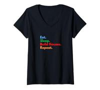 Mujer Comer Dormir Construir Casas Repita para Constructores de Viviendas y Trabajadores Camiseta Cuello V