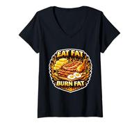 Mujer Comer Grasa Quema Grasa cetogénico carnívoro Dieta Paleo Dicho Camiseta Cuello V