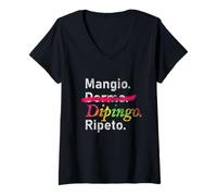 Mujer Comer. (No) Duerme. Pintar. Repite. - Italiano Camiseta Cuello V