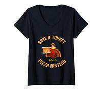 Mujer Comer Pizza Pavo Divertido Holding Pizza Guardar un Pavo Comer Pizza Camiseta Cuello V